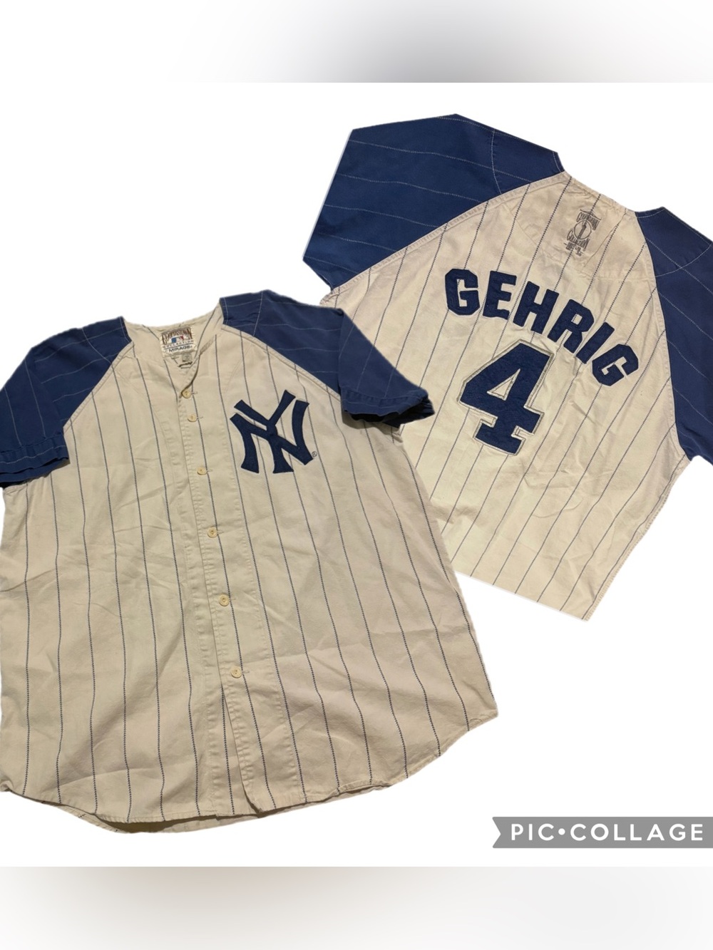 New York Yankees Beige Pinstripe Baseball Jersey with Navy Sleeves